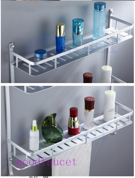 Wholesale / Retail Promotion Bathroom Accessories Aluminum Shower Shelf Dual Tiers W/ Hook & Towel Bar Chrome