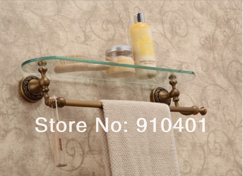 Wholesale / Retail Promotion Bathroom Antique Brass Glass Cosmetic Commodity Shelf Towel Rack Holder W/ Bar
