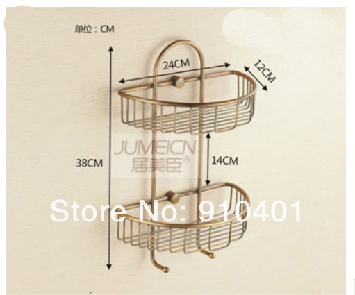 Wholesale / Retail Promotion NEW Antique Brass Bathroom Dual Vanity Shower Basket With 2 Hooks Trangle Shape