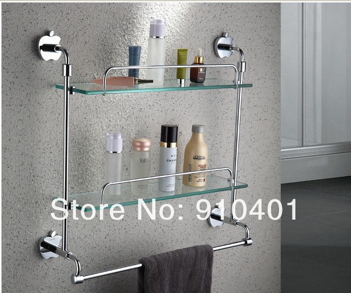 Wholesale & Retail Promotion Wall Mounted Bathroom Shower Caddy Shelf Dual Glass Tier With Towel Bar Holder