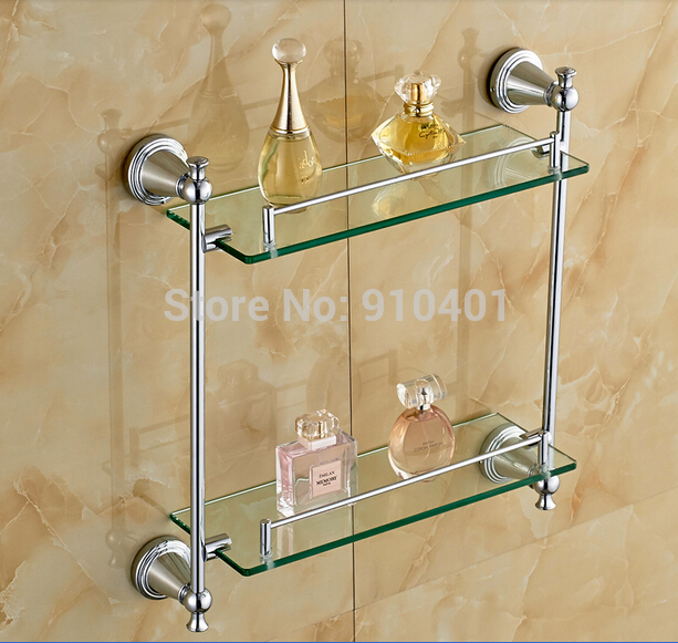Wholesale & Retail Promotion Wall Mounted Chrome Brass Bathroom Shelf Dual Tiers Glass Shelf Caddy Storage