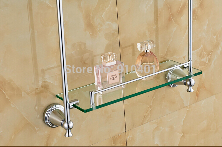 Wholesale & Retail Promotion Wall Mounted Chrome Brass Bathroom Shelf Dual Tiers Glass Shelf Caddy Storage