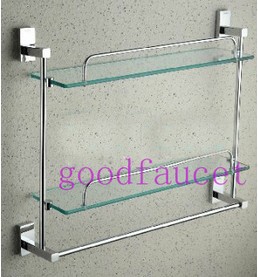 Wholesale And Retail NEW  Wall Mounted Chrome Bathroom Shelves Shower Caddy Cosmetic 2 Glass Shelf With Towel Bar