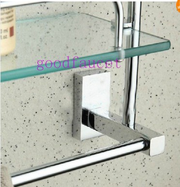 Wholesale And Retail NEW  Wall Mounted Chrome Bathroom Shelves Shower Caddy Cosmetic 2 Glass Shelf With Towel Bar