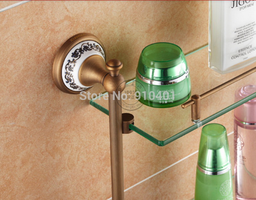 Wholesale And Retail Promotion Bathroom Antique Brass Ceramic Bathroom Shelf Dual Tiers Glass Cosmetic Shelf