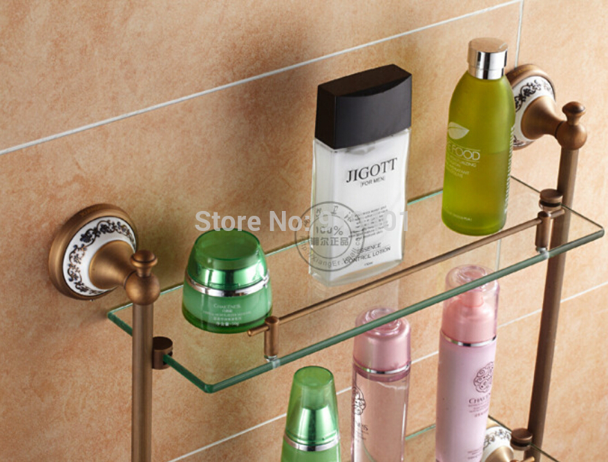 Wholesale And Retail Promotion Bathroom Antique Brass Ceramic Bathroom Shelf Dual Tiers Glass Cosmetic Shelf