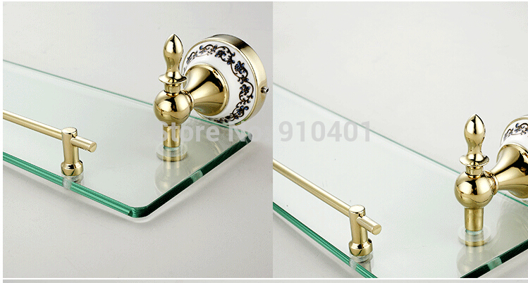 Wholesale And Retail Promotion Blue And White Porcelain Golden Brass Bath Shelf Caddies & Storage Glass Tier