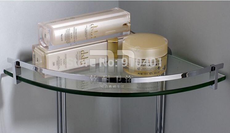 Wholesale And  Retail Promotion Chrome Brass Bathroom Corner Shelf Dual Tiers Glass Shower Caddy Cosmetic Shelf