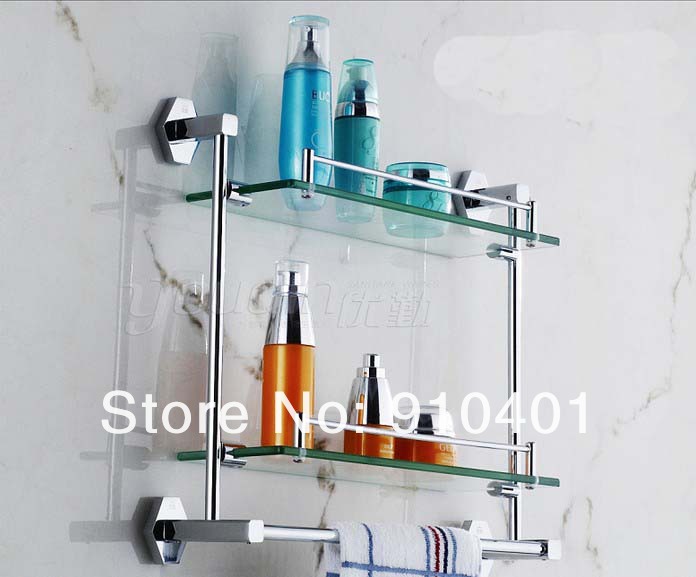 Wholesale And Retail Promotion Chrome Brass Bathroom Shelf Shower Make Up Storage Holder W/ Towel Bar Dual Tier