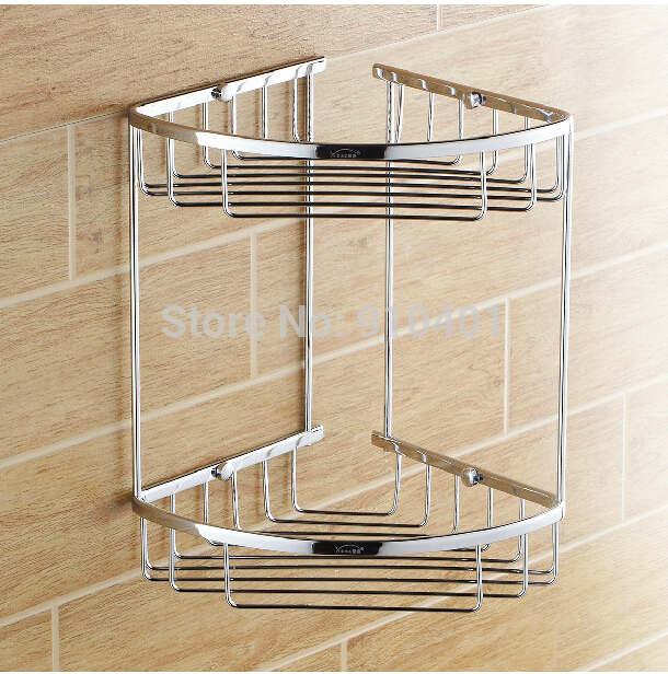 Wholesale And Retail Promotion Chrome Brass Bathroom Wall Mounted Corner Shelf Dual Tiers Caddy Storage Holder