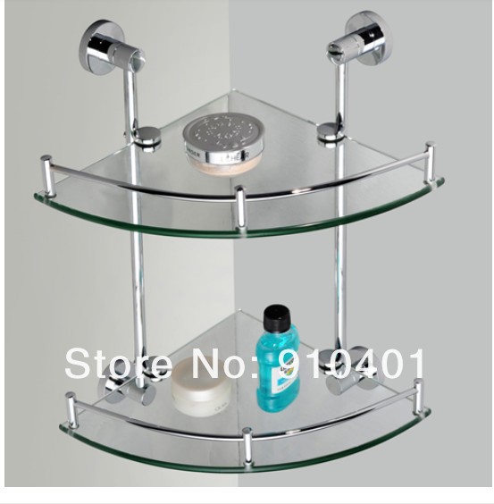 Wholesale And Retail Promotion Fashion Corner Wall Mounted Bathroom Shower Caddy Cosmetic Shelf Dual Glass Tier