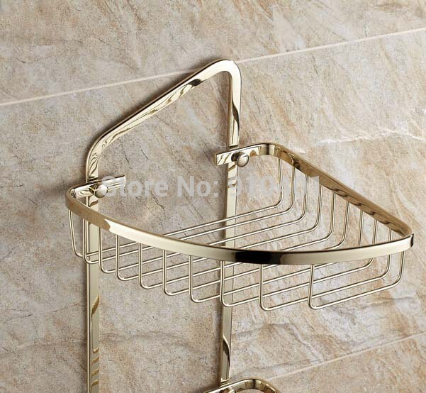 Wholesale And Retail Promotion Golden Bathroom Shelf Shower Cosmetic Caddy Basket Shelf Dual Tiers Corner Shelf