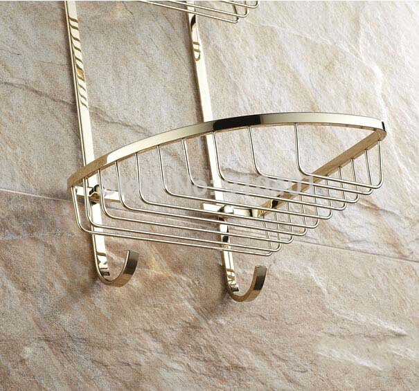 Wholesale And Retail Promotion Golden Bathroom Shelf Shower Cosmetic Caddy Basket Shelf Dual Tiers Corner Shelf