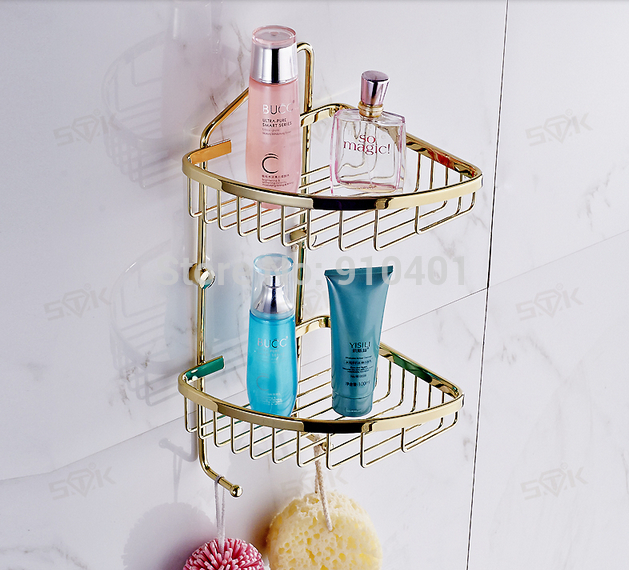 Wholesale And Retail Promotion  Golden Brass Bathroom Corner Shelf Bath Shower Cosmetic Caddy Storage Dual Tiers