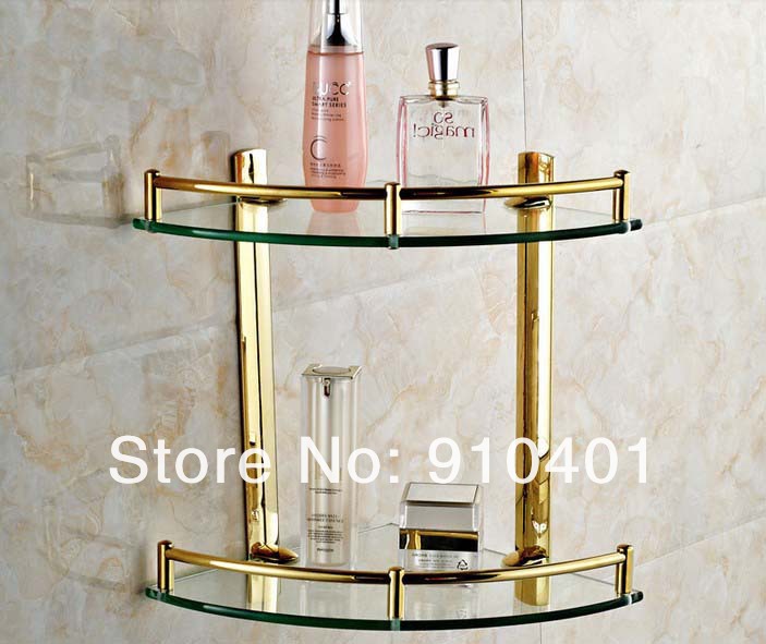 Wholesale And Retail Promotion Golden Brass Wall Mount Bathroom Corner Shelf Dual Tiers Caddy Cosmetic Storage