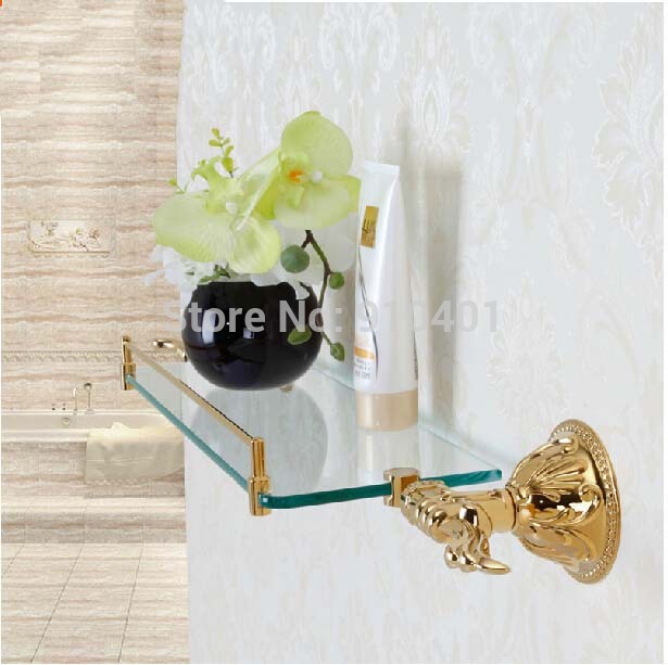 Wholesale And Retail Promotion Golden Brass Wall Mounted Bathroom Shelf Shower Caddy Cosmetic Glass Shelf Tier