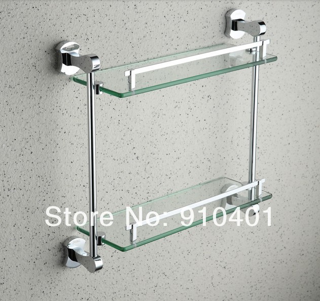 Wholesale And Retail Promotion Luxury Chrome Brass Wall Mounted Bathroom Caddy Cosmetic Glass Shelf Dual Tier