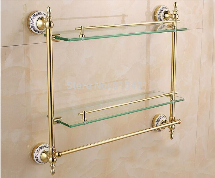 Wholesale And Retail Promotion Luxury Golden Brass Wall Mounted Bathroom Shelf Dual Glass Tiers Caddy Storage