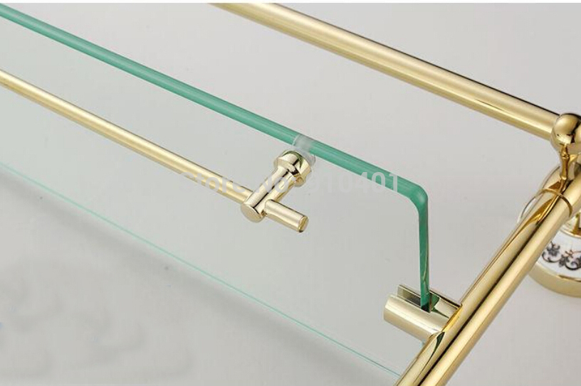 Wholesale And Retail Promotion Luxury Golden Brass Wall Mounted Bathroom Shelf Dual Glass Tiers Caddy Storage