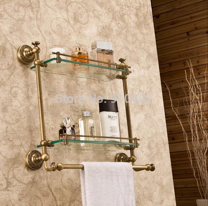 Wholesale And Retail Promotion Luxury Wall Mounted Bathroom Antique Brass Shelf Dual Glass Tiers With Towel Bar
