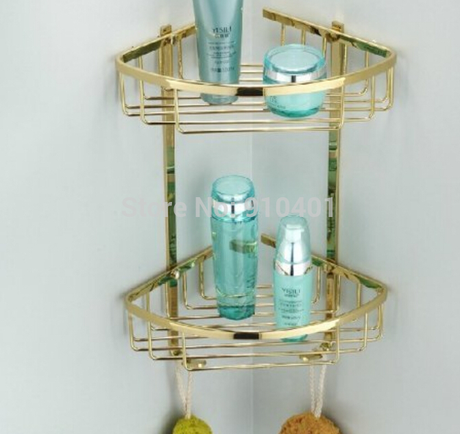 Wholesale And Retail Promotion Modern Golden Brass Wall Mounted Bathroom Shelf Dual Corner Caddy Storage Holder