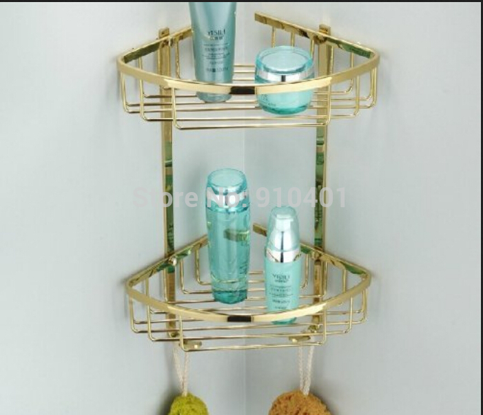 Wholesale And Retail Promotion Modern Golden Brass Wall Mounted Bathroom Shelf Dual Corner Caddy Storage Holder