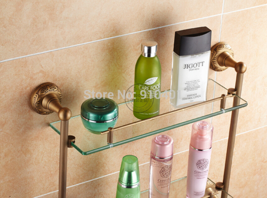 Wholesale And Retail Promotion NEW Antique Brass Bathroom Accessories Embossed Shelf Cosmetic Dual Glass Tiers