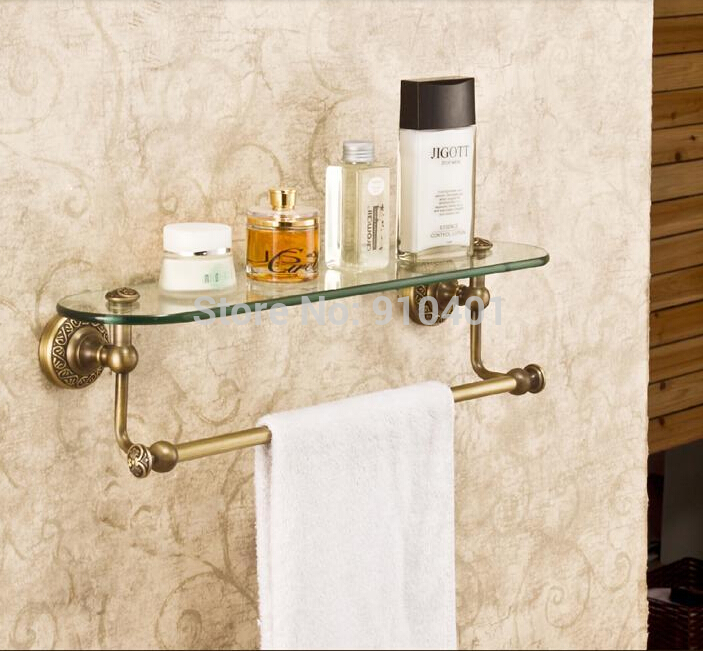 Wholesale And Retail Promotion NEW Antique Brass Bathroom Hotel Shelf Wall Mount Glass Cosmetic Shelf Towel Bar