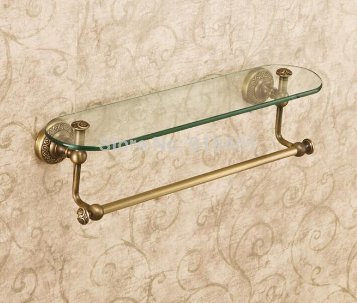 Wholesale And Retail Promotion NEW Antique Brass Bathroom Hotel Shelf Wall Mount Glass Cosmetic Shelf Towel Bar
