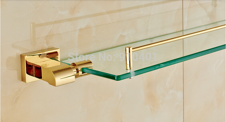 Wholesale And  Retail Promotion NEW Bathroom Golden Brass Modern Square Wall Mounted Bathroom Shelf Glass Tier