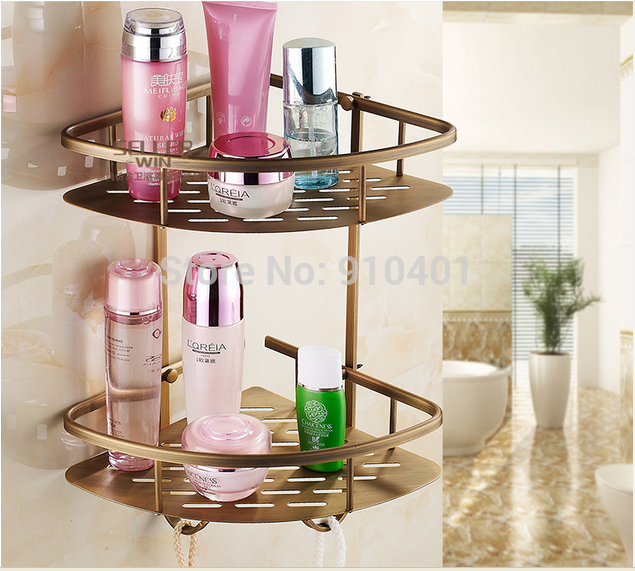 Wholesale And Retail Promotion NEW Fashion Bathroom Antique Brass Shower Caddy Shelf Dual Tiers W/ Hooks Hanger