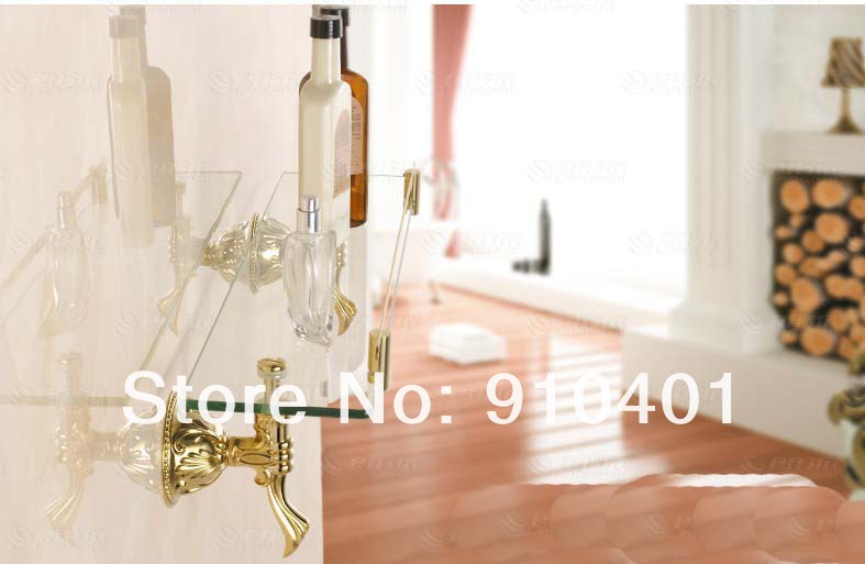 Wholesale And Retail Promotion NEW Golden Brass Bathroom Shower Caddy Cosmetic Shelf Glass Tier Flower Carved