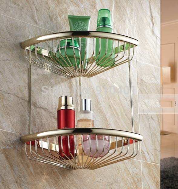 Wholesale And Retail Promotion NEW Luxury Golden Brass Wall Mounted Golden Corner Shelf Dual Tiers Bath Shelf
