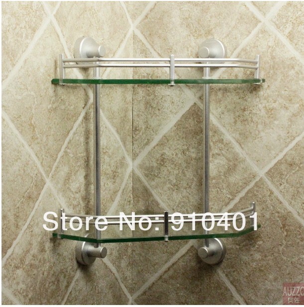 Wholesale And Retail Promotion NEW Wall Mounted Aluminium Bathroom Shower Caddy Cosmetic Glass Shelf Dual Tier