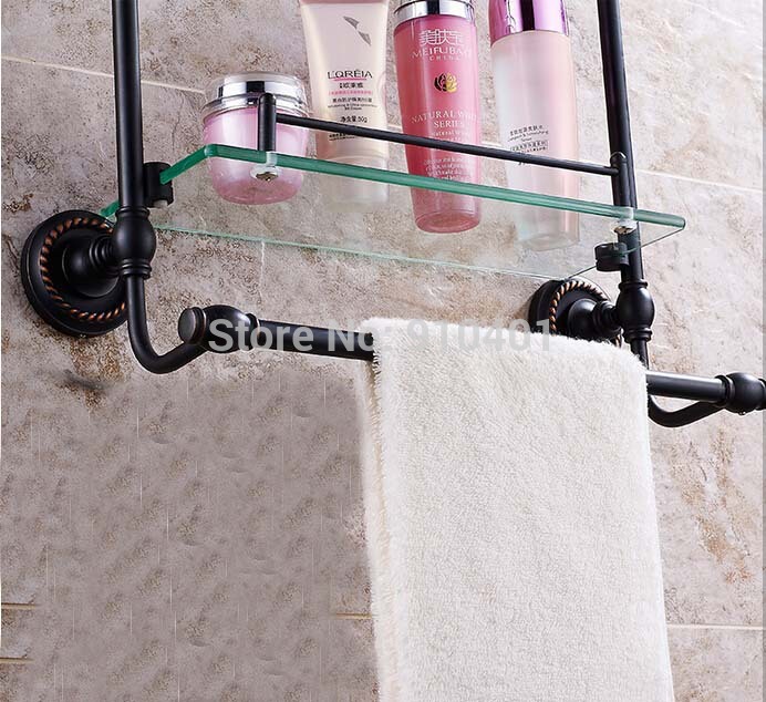 Wholesale And Retail Promotion Oil Rubbed Bronze Bathroom Shelf Dual Glass Tier Caddy Cosmetic Shelf Towel Bar