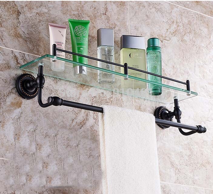 Wholesale And Retail Promotion Oil Rubbed Bronze Bathroom Shelf Shower Caddy Cosmetic Glass Shelf W/ Towel Bar