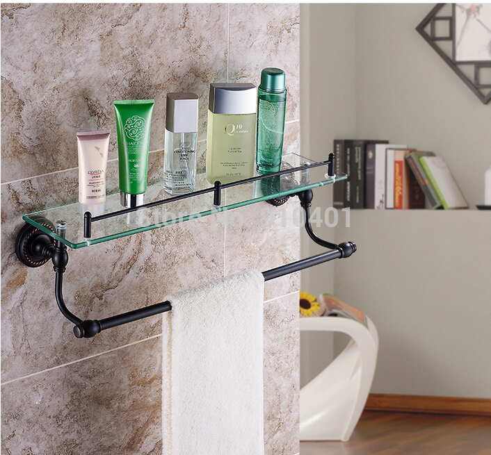 Wholesale And Retail Promotion Oil Rubbed Bronze Bathroom Shelf Shower Caddy Cosmetic Glass Shelf W/ Towel Bar