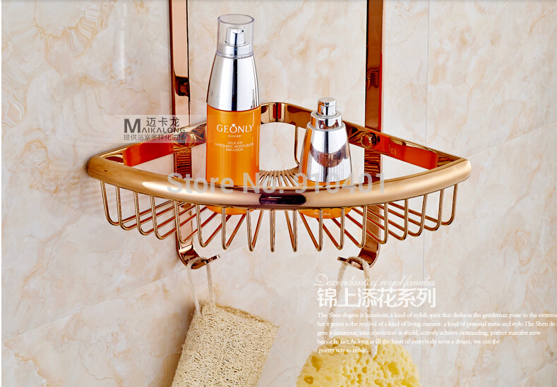 Wholesale And  Retail Promotion Rose Golden Bathroom Corner Shelf Shower Caddy Cosmetic Storage Holder Dual Tier