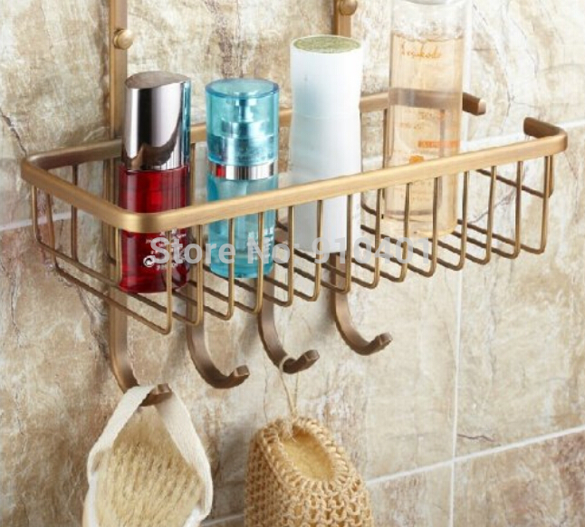 Wholesale And Retail Promotion Square Antique Brass Bathroom Shelf Dual Tiers Caddy Storage With Hook Hangers