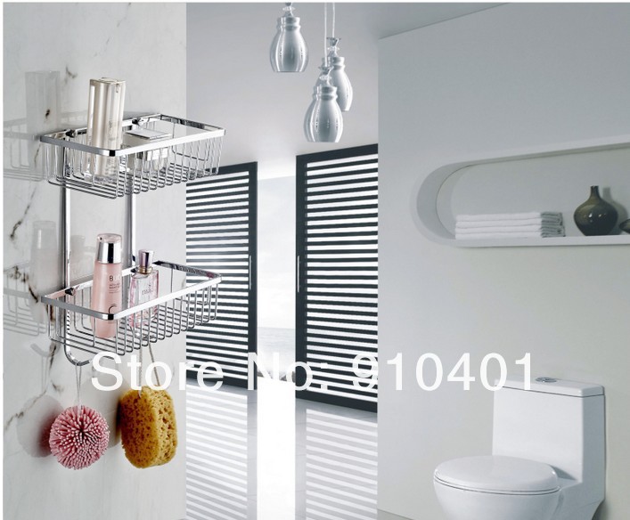 Wholesale And Retail Promotion Stainless Steel Bathroom Shower Caddy Cosmetic Shelf Dual Tier W/ Hooks Hangers