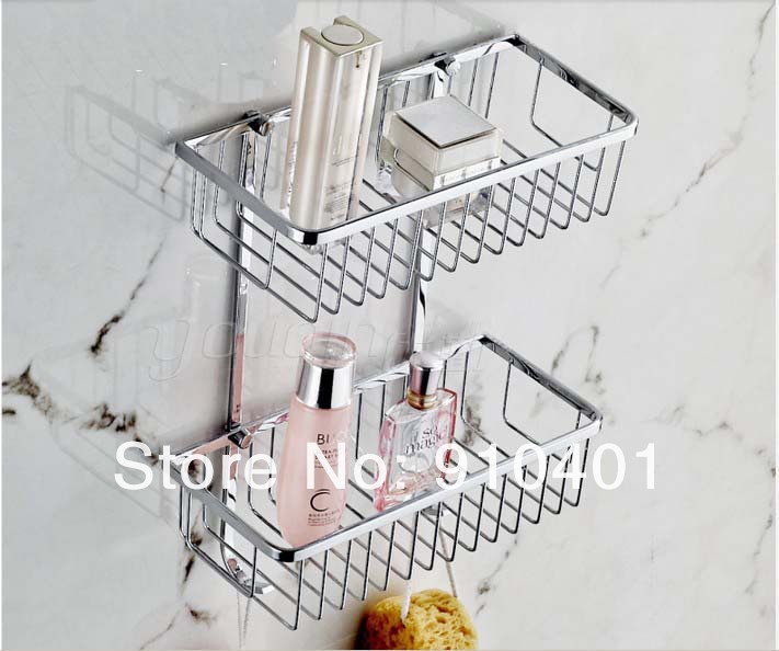 Wholesale And Retail Promotion Stainless Steel Bathroom Shower Caddy Cosmetic Shelf Dual Tier W/ Hooks Hangers