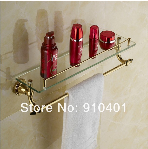 Wholesale And Retail Promotion Wall Mount Golden Brass Bathroom Shower Caddy Cosmetic Glass Shelf W/ Towel Bar
