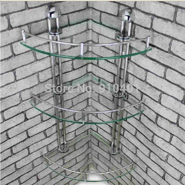 Wholesale And Retail Promotion Wall Mounted Bathroom Shelf 3 Glass Tiers Chrome Corner Caddy Cosmetic Storage