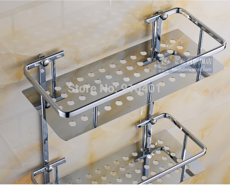 Wholesale And Retail Promotion Wall Mounted Chrome Brass Bathroom Shelf Showe Caddy Cosmetic Dual Tiers Shelf