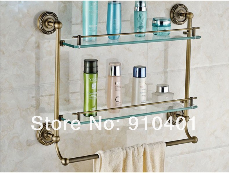 Wholesale Promotion Antique Brass Wall Mounted Two Tiers Bathroom Shelf Glass Tier With Towel Bar