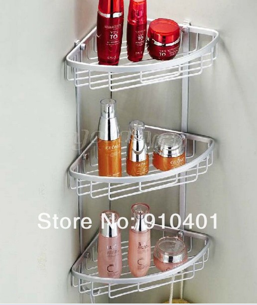 Wholesale Promotion Wall Mounted Bathroom Shower Caddy Shelf Aluminum 3 Tier Basket W/ Dual Hooks
