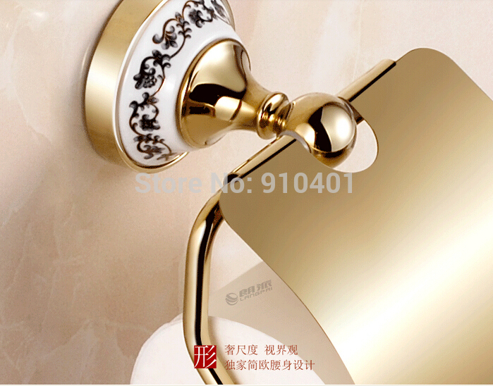  Wholesale And Retail Promotion Blue And White Porcelain Golden Brass Bathroom Wall Mounted Toilet Paper Holder