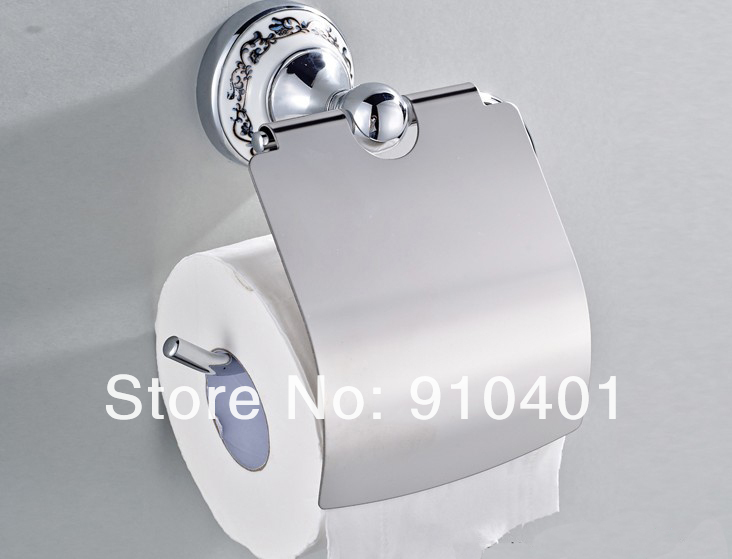 Wholesale And Retail Promotion Wall Mounted Bath Chrome Brass White & Blue Flower Toilet Paper Holder W / Cover
