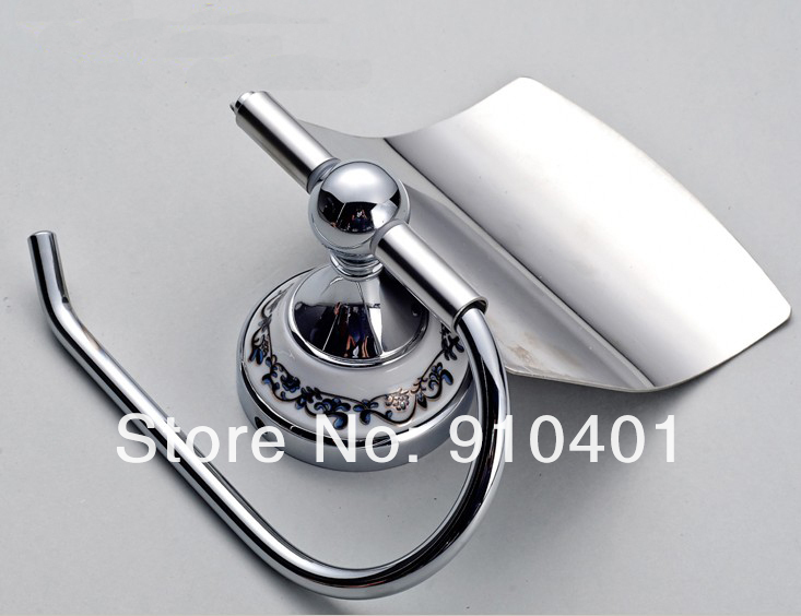 Wholesale And Retail Promotion Wall Mounted Bath Chrome Brass White & Blue Flower Toilet Paper Holder W / Cover