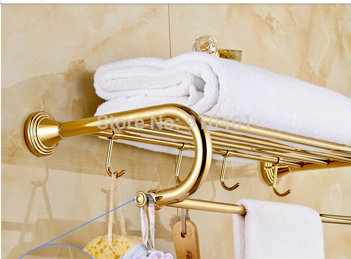 Wholdsale And Retail Promotion NEW Golden Brass Wall Mounted Bathroom Shelf Bathroom Towel Rack Holder W/ Hooks